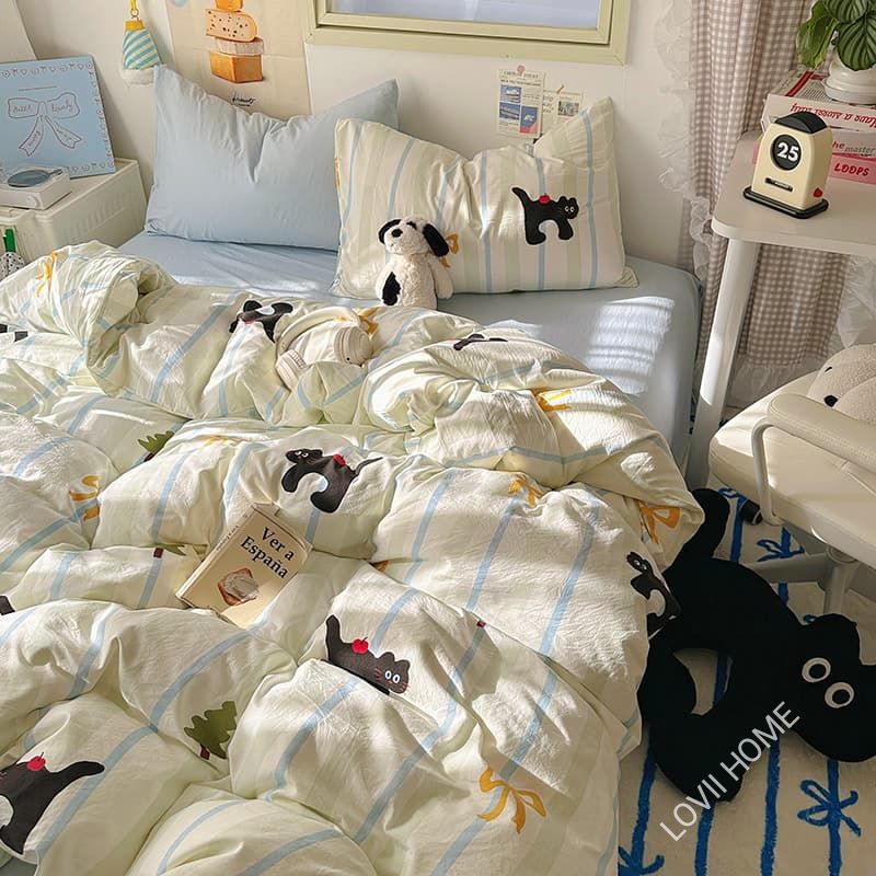 🐶 Cream Stripe Cat Washed Cotton Duvet Cover Set