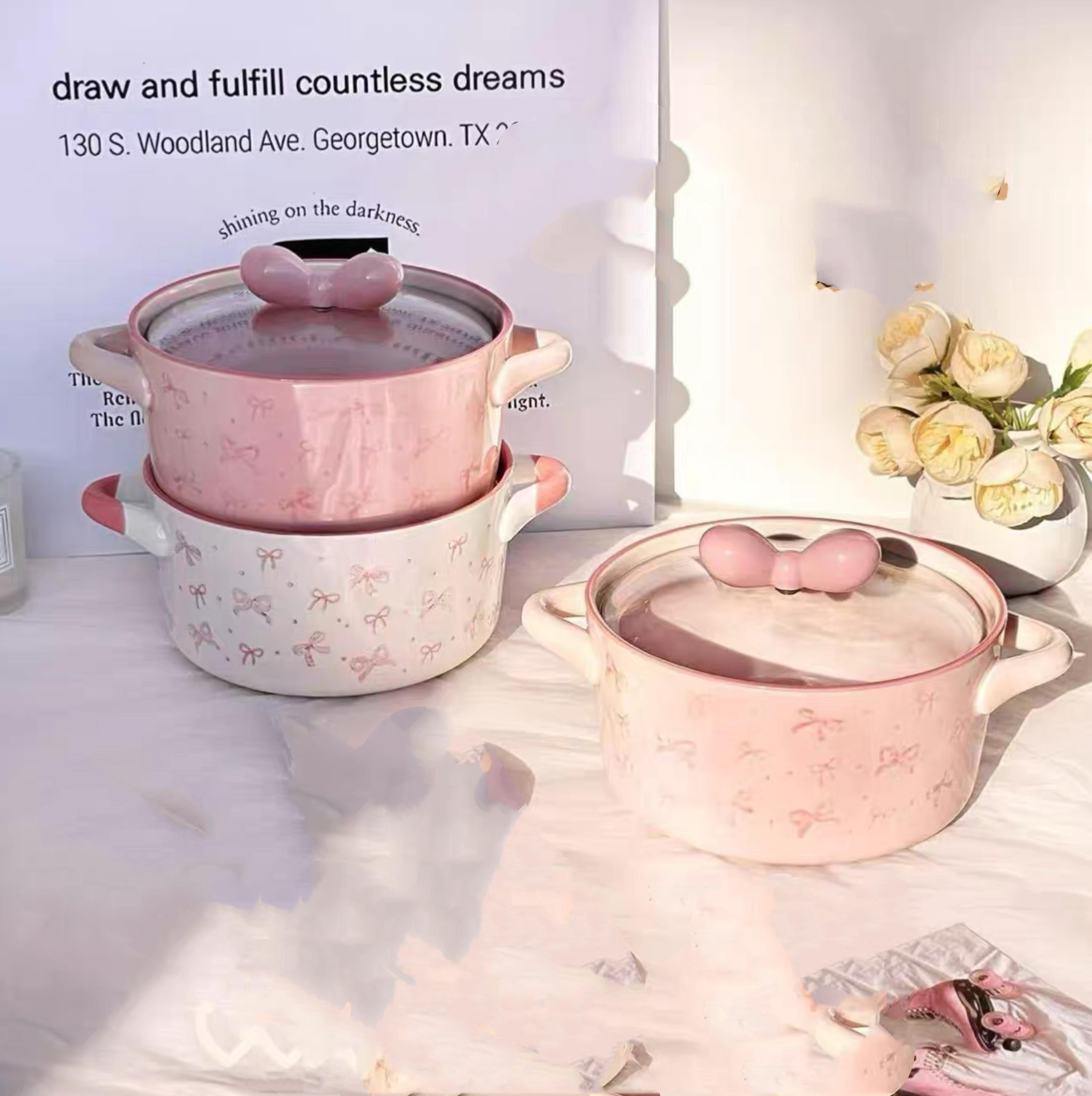 🎀 蝴蝶结陶瓷炖锅套装 粉色/白色
