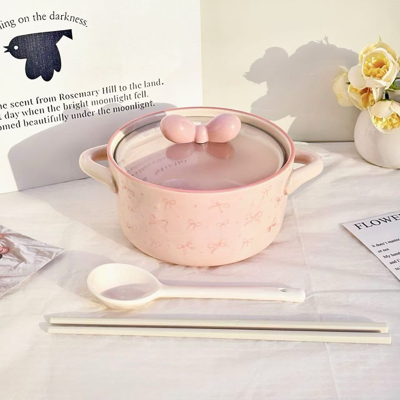 🎀 蝴蝶结陶瓷炖锅套装 粉色/白色