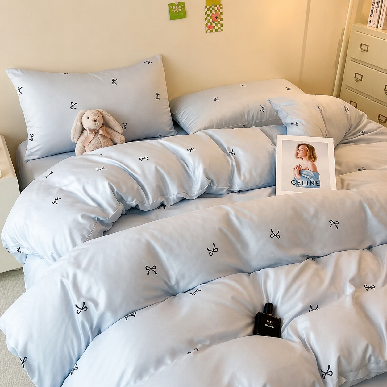 🦋 Baby Blue Butterfly Washed Silk Bedding Set