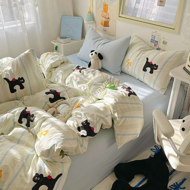 🐶 米色条纹猫咪水洗棉被套四件套