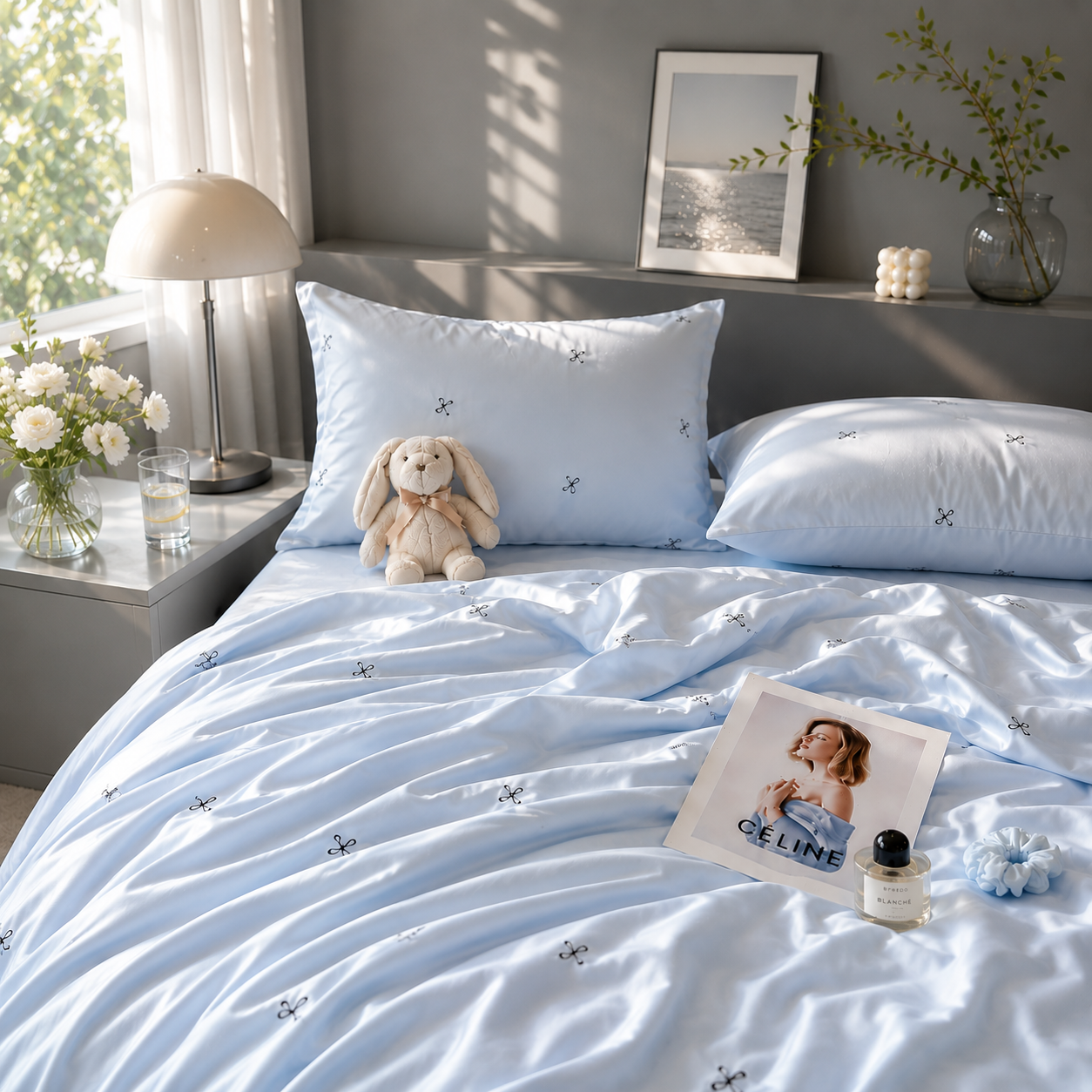 🦋 Baby Blue Butterfly Washed Silk Bedding Set
