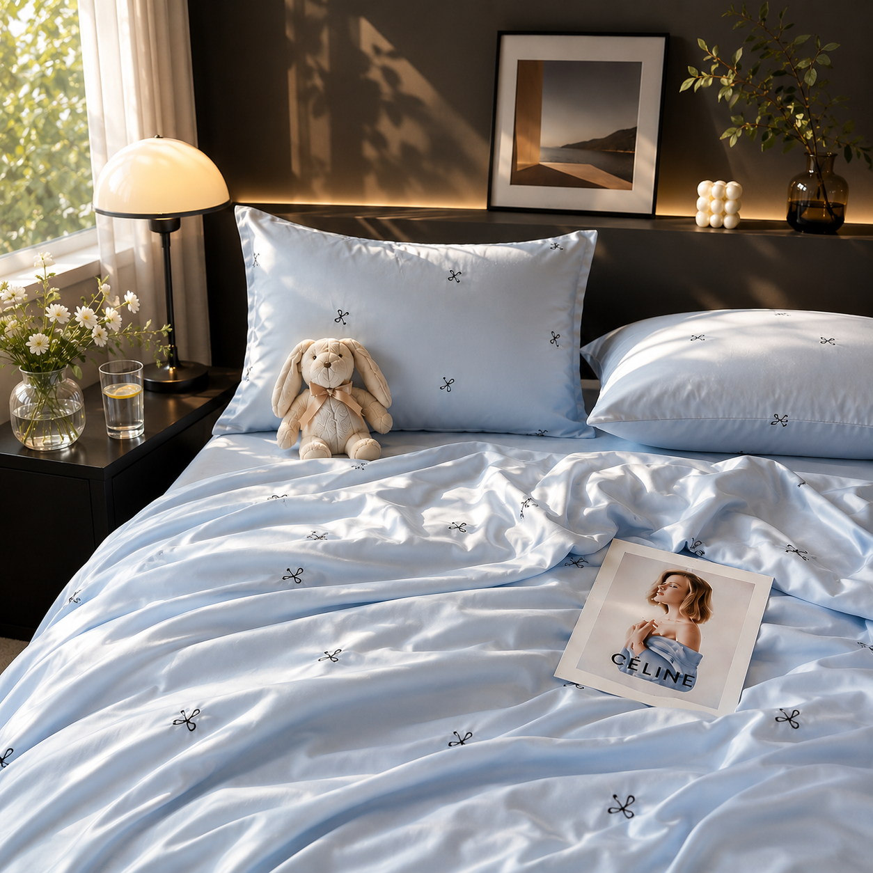 🦋 Baby Blue Butterfly Washed Silk Bedding Set