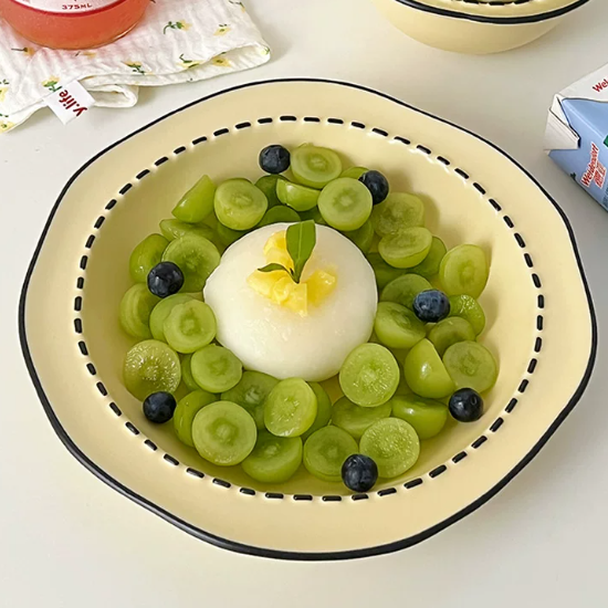 🖊️ Comic Stitch Rim Ceramic Tableware Set – Cream