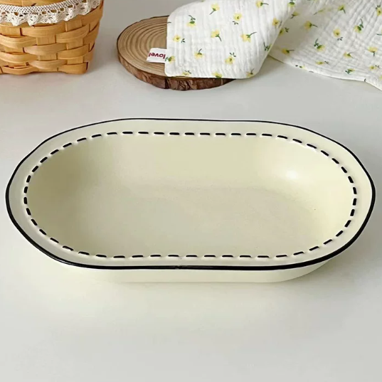 🖊️ Comic Stitch Rim Ceramic Tableware Set – Cream