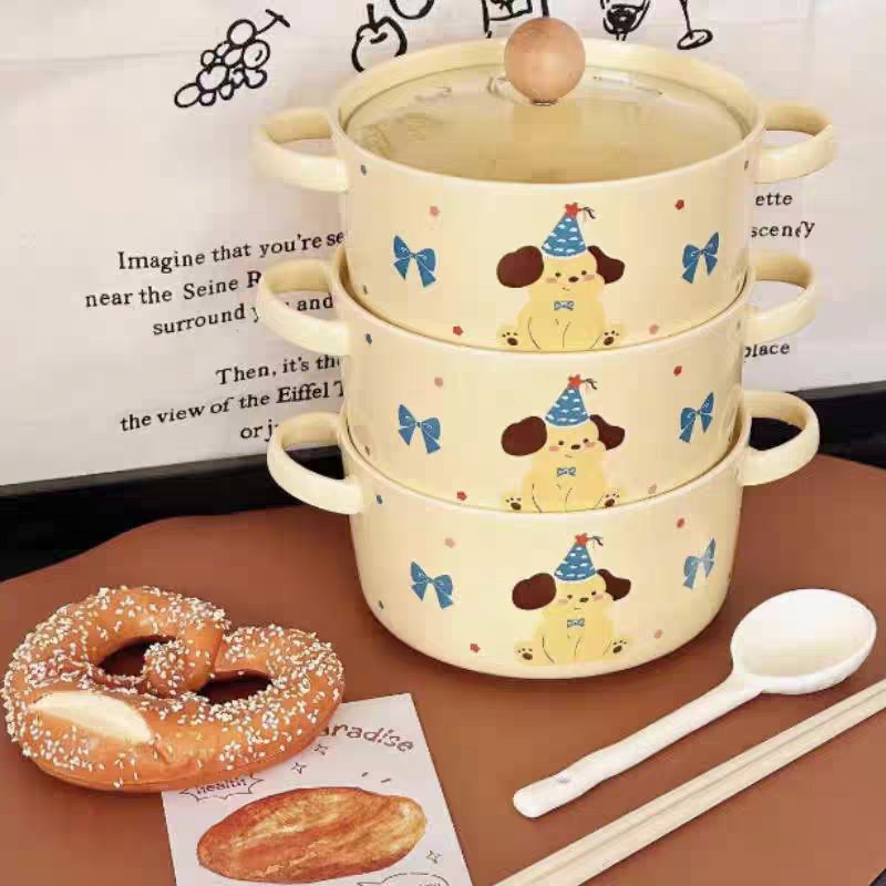 🎀 Party Puppy Ceramic Pot Set（Double-Handle Soup Bowl with Lid）