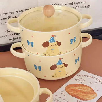 🎀 Party Puppy Ceramic Pot Set（Double-Handle Soup Bowl with Lid）