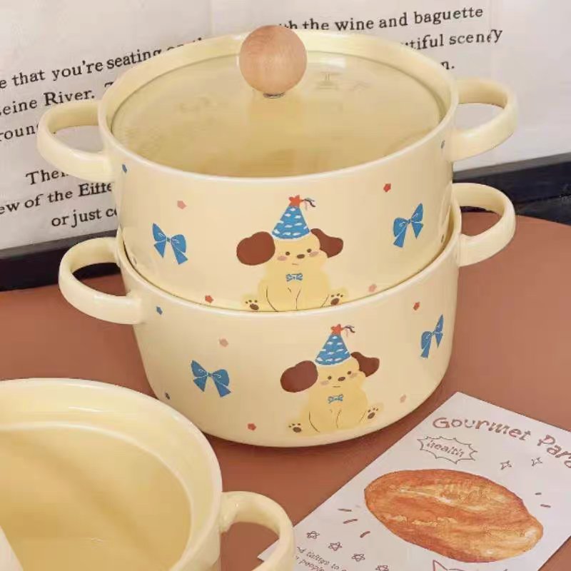 🎀 Party Puppy Ceramic Pot Set（Double-Handle Soup Bowl with Lid）