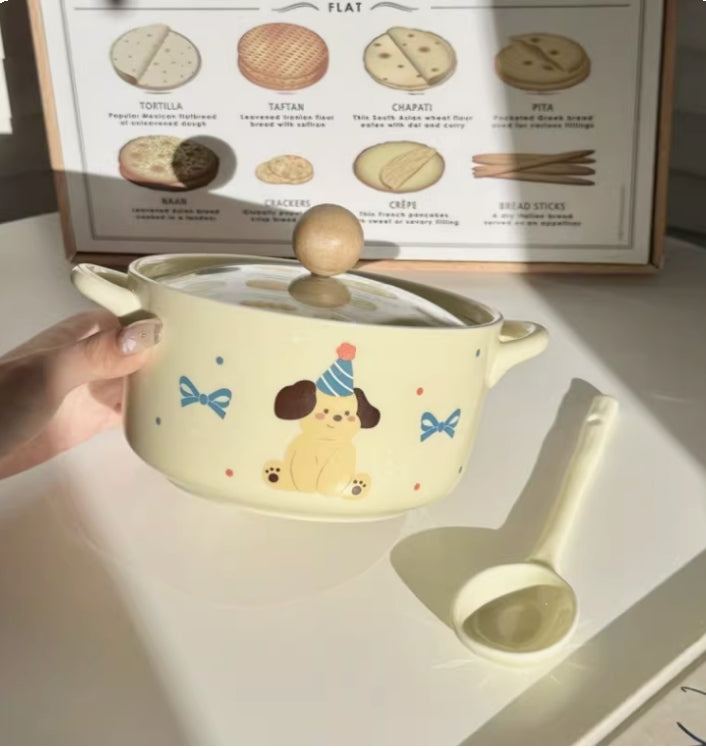 🎀 Party Puppy Ceramic Pot Set（Double-Handle Soup Bowl with Lid）