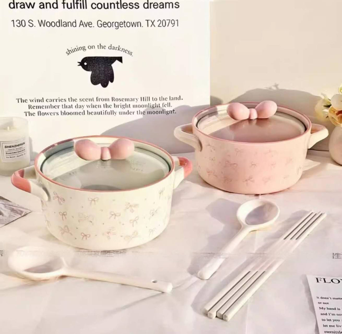 🎀 Bowknot Ceramic Cooking Bowl Set  Pink/White