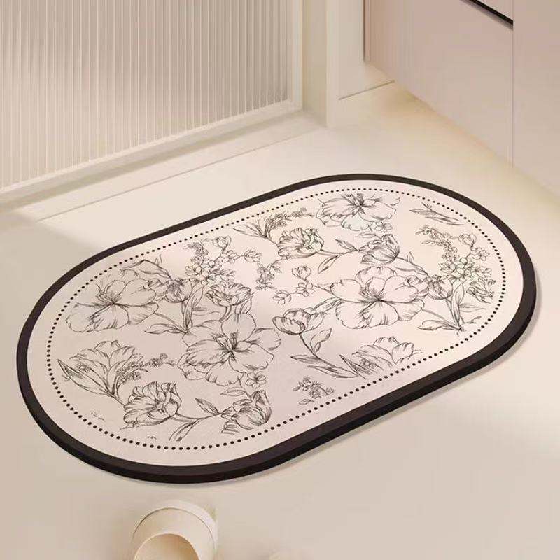 French Floral Diatomite Bathroom Mat - Oval Shape