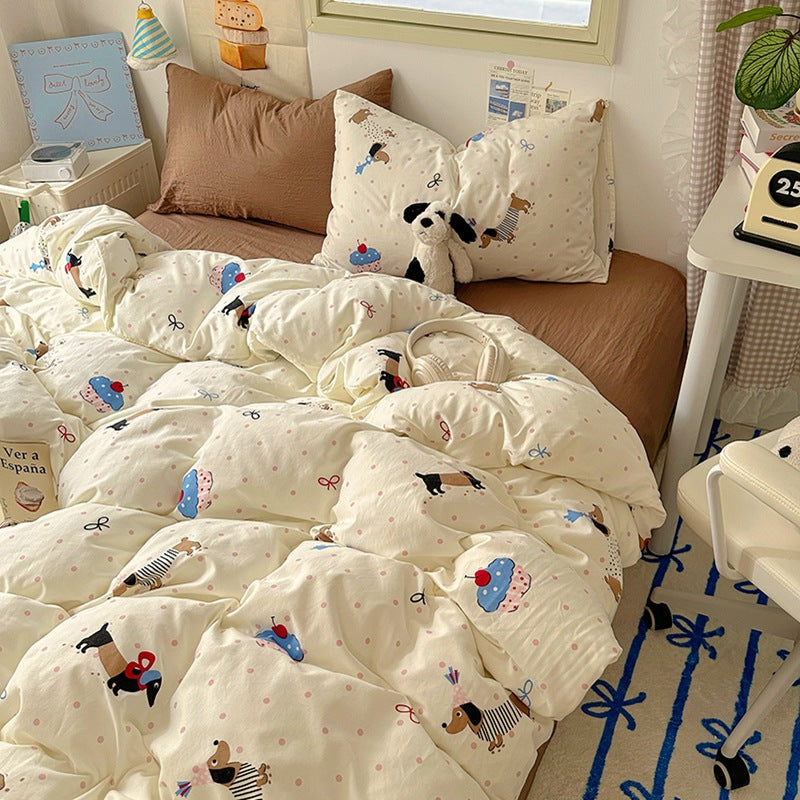 🐶 Cream Puppy Washed Cotton Duvet Cover Set