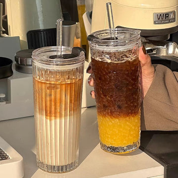 Aesthetic Textured Glass Tumbler with Lid & Straw