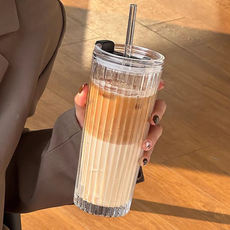 Aesthetic Textured Glass Tumbler with Lid & Straw