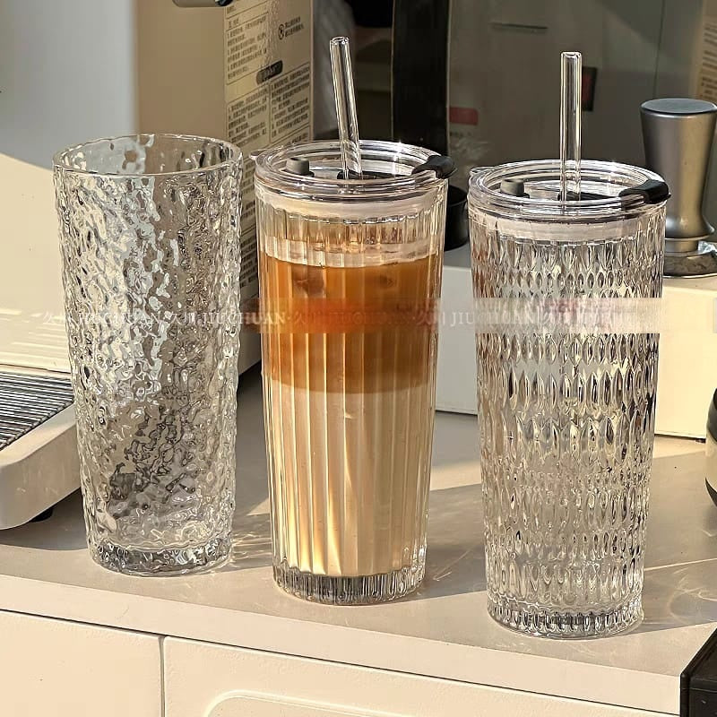 Aesthetic Textured Glass Tumbler with Lid & Straw