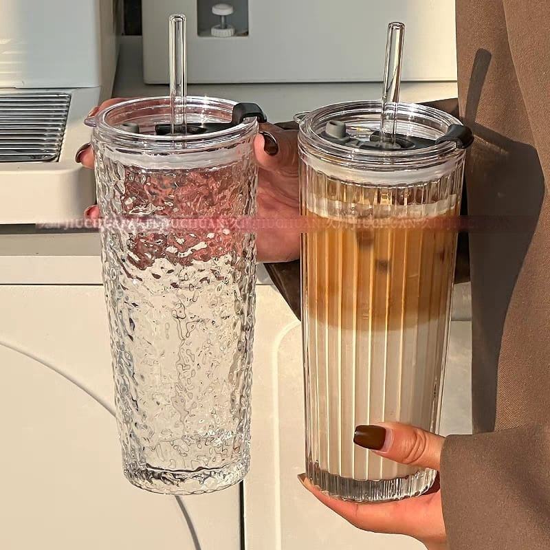 Aesthetic Textured Glass Tumbler with Lid & Straw
