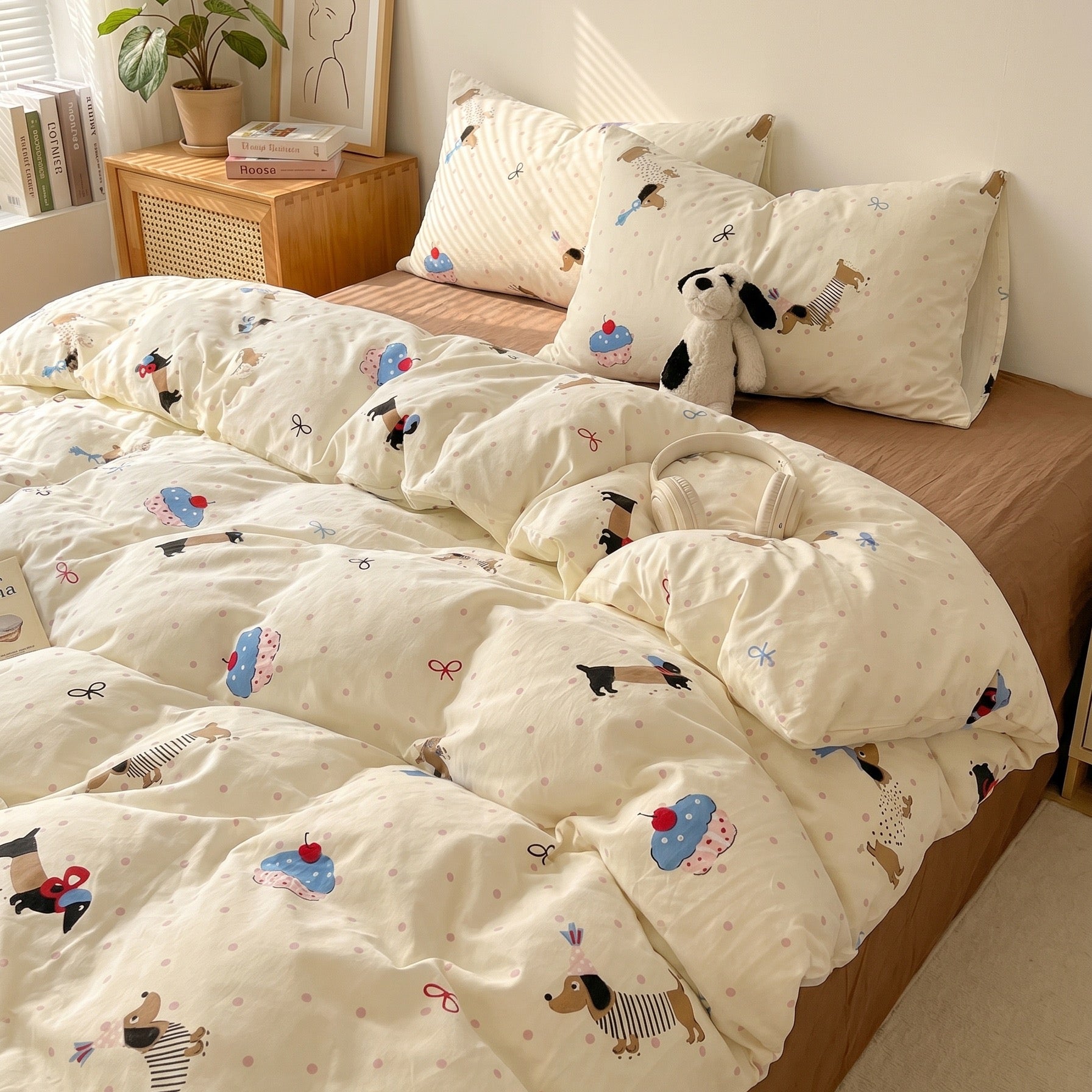 🐶 Cream Puppy Washed Cotton Duvet Cover Set