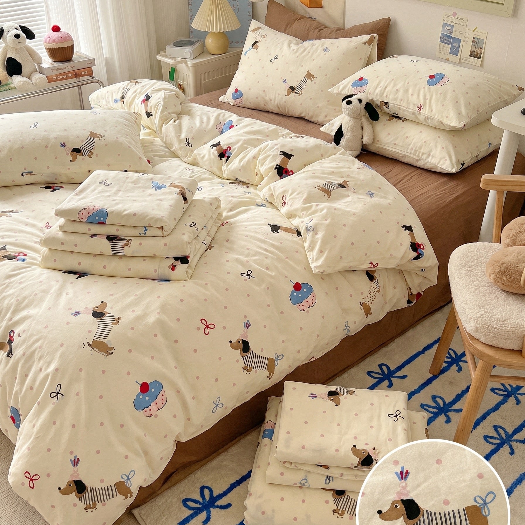🐶 Cream Puppy Washed Cotton Duvet Cover Set